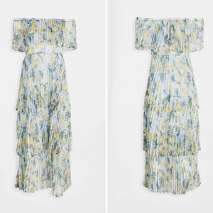 O.P.T MALO FLORAL PLEATED TIERED OFF THE SHOULDER MIDI DRESS